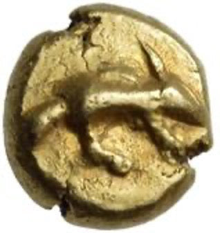 Coin with embossed design on a plain background