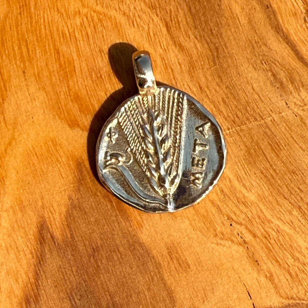 Silver coin with 'VIEW' engraved on a wooden surface