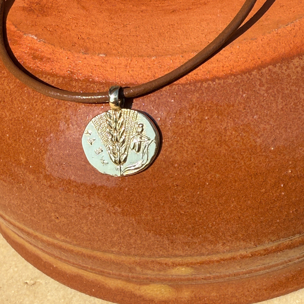 Necklace with a round pendant on a wooden surface