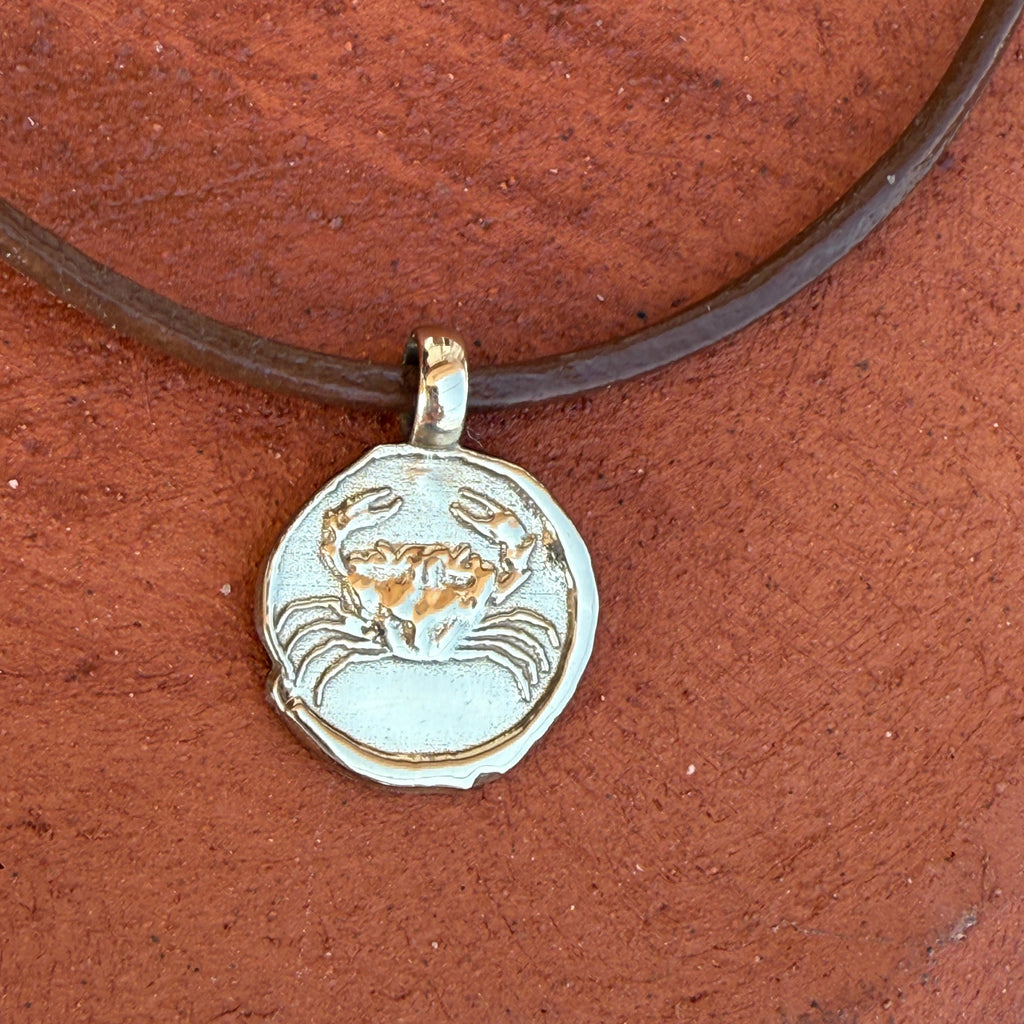 Silver pendant with a design on a brown leather strap