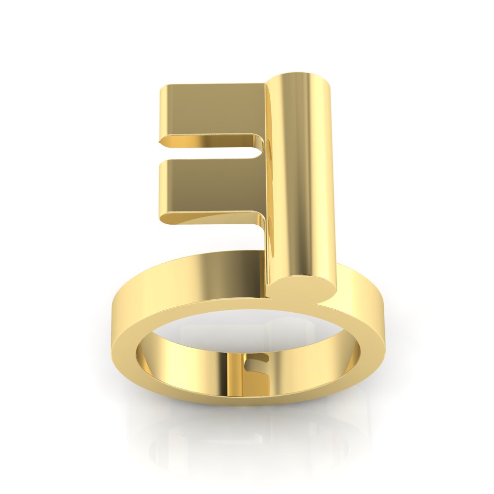 Gold or silver key ring in the style of ancient Roman key rings. The key part of the ring has two prongs that project in one direction, from a mast that rises from the ring itself.