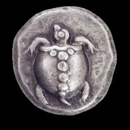 Ancient Aegina Silver Stater coin from around 480 BC on a black background